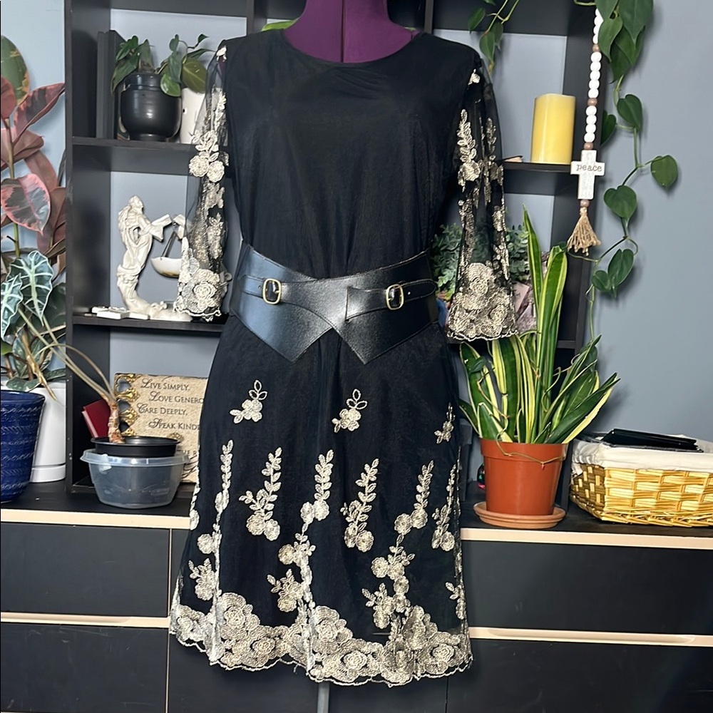 Carla Conti Black and Gold Embroidered 3/4 Sleeve Dress